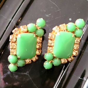 Vintage Rhinestone and Faux Jade Earrings